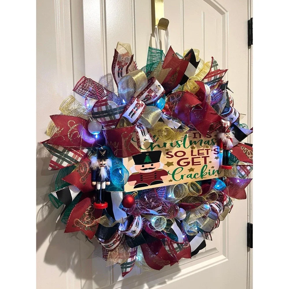 Christmas Nutcracker Holiday Ribbon Door Wreath Handmade 22 ins LED W3